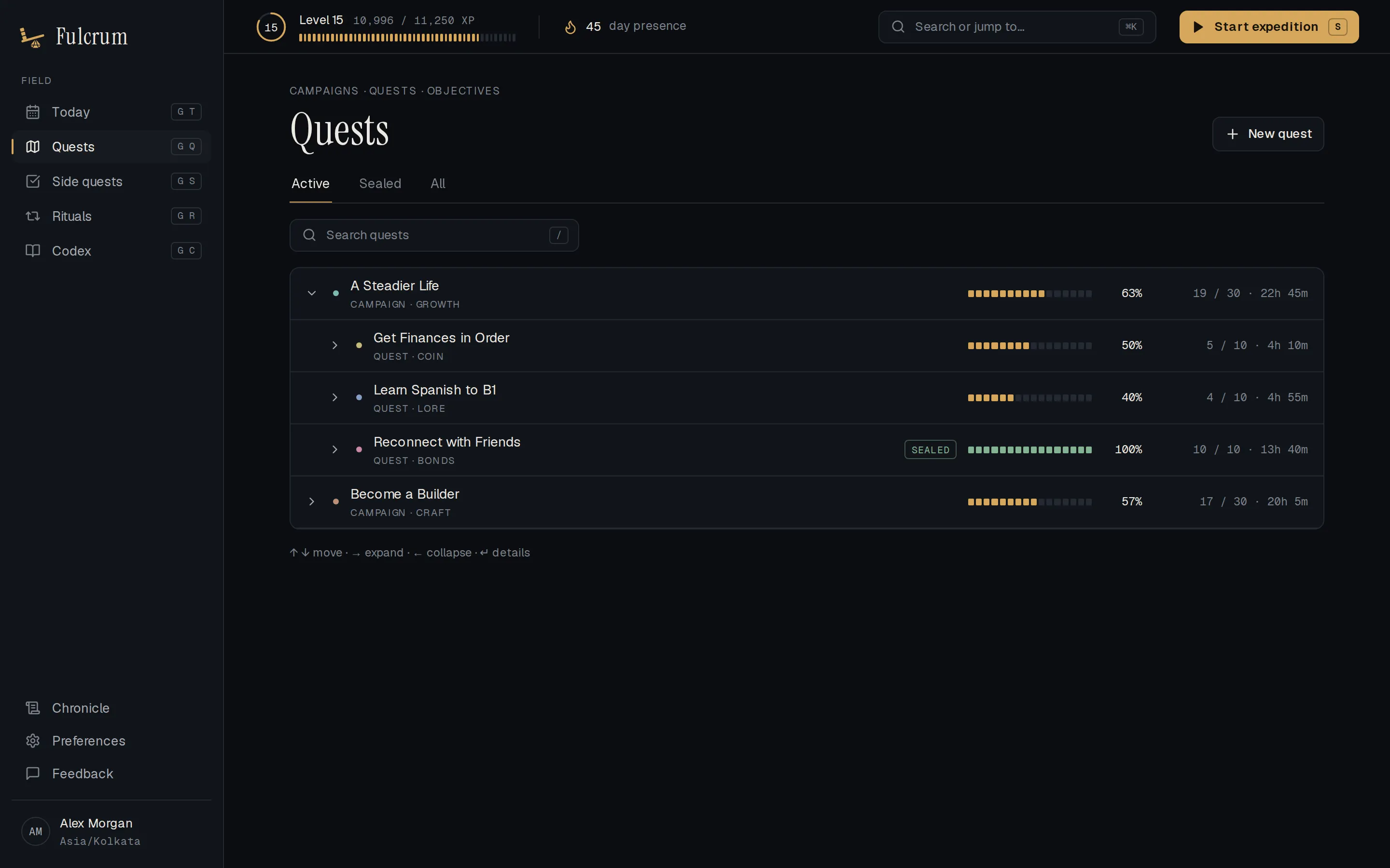 The quest tree, with campaigns, quests and objectives