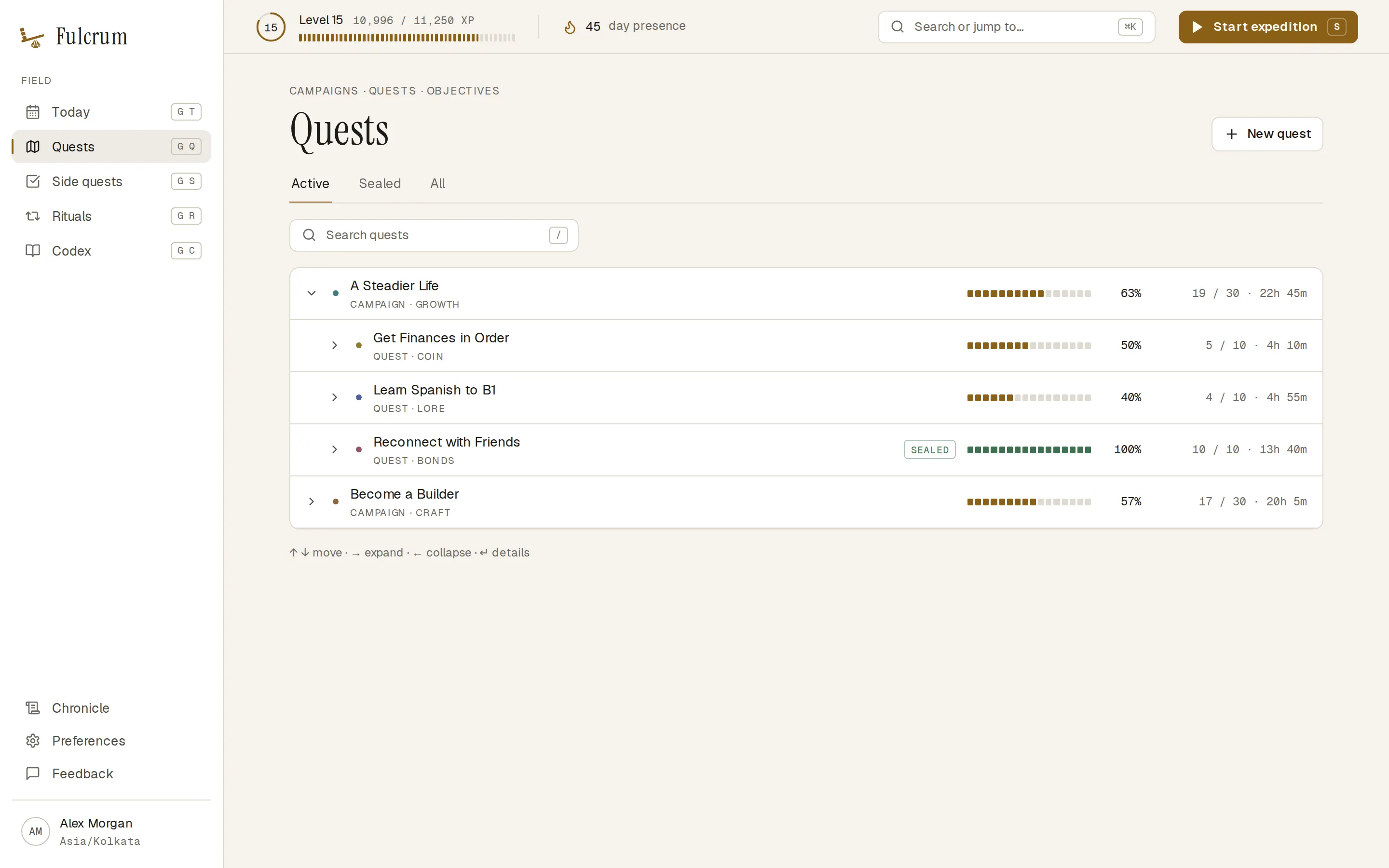 The quest tree, with campaigns, quests and objectives