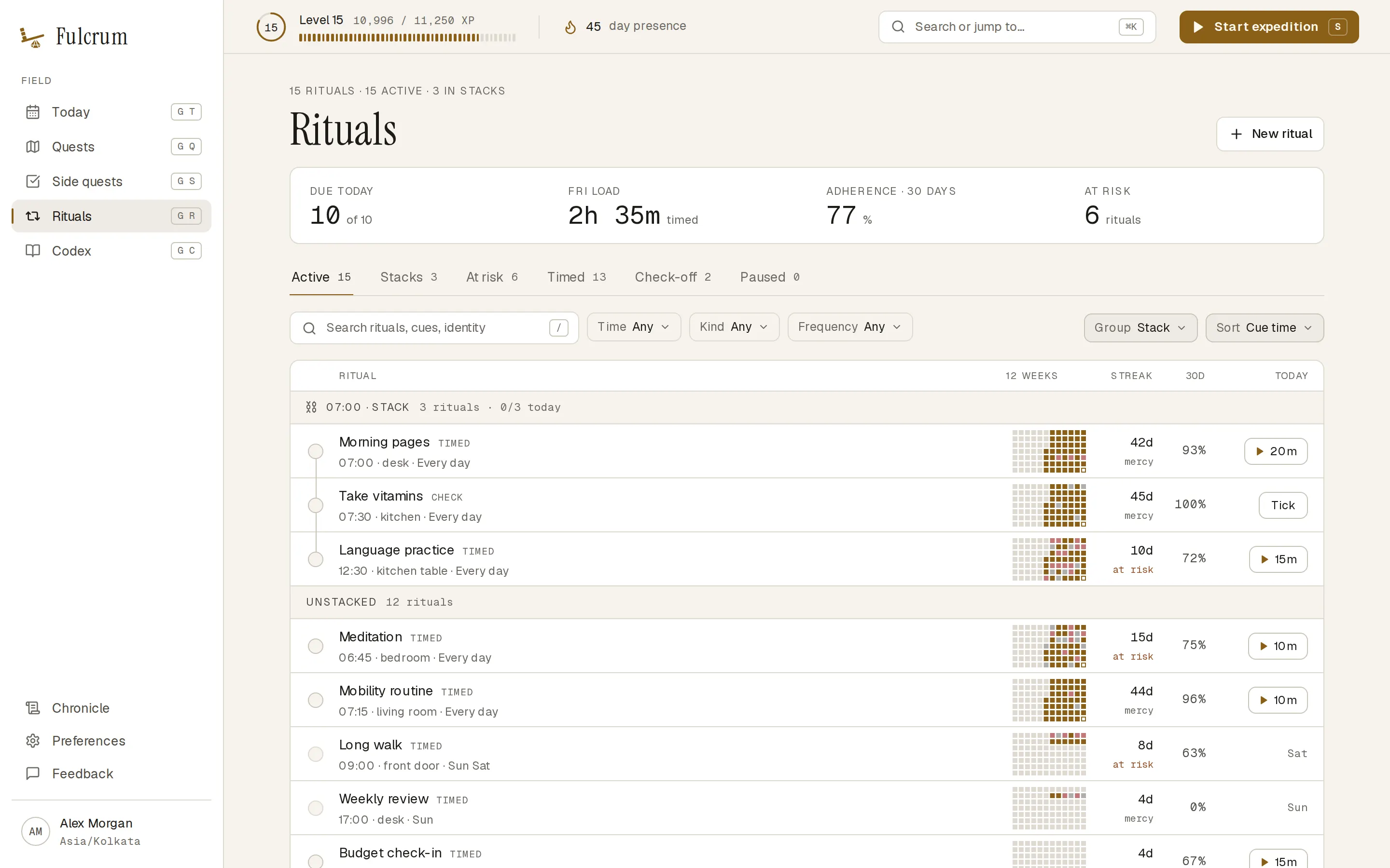 Rituals with streaks and a twelve-week heatmap