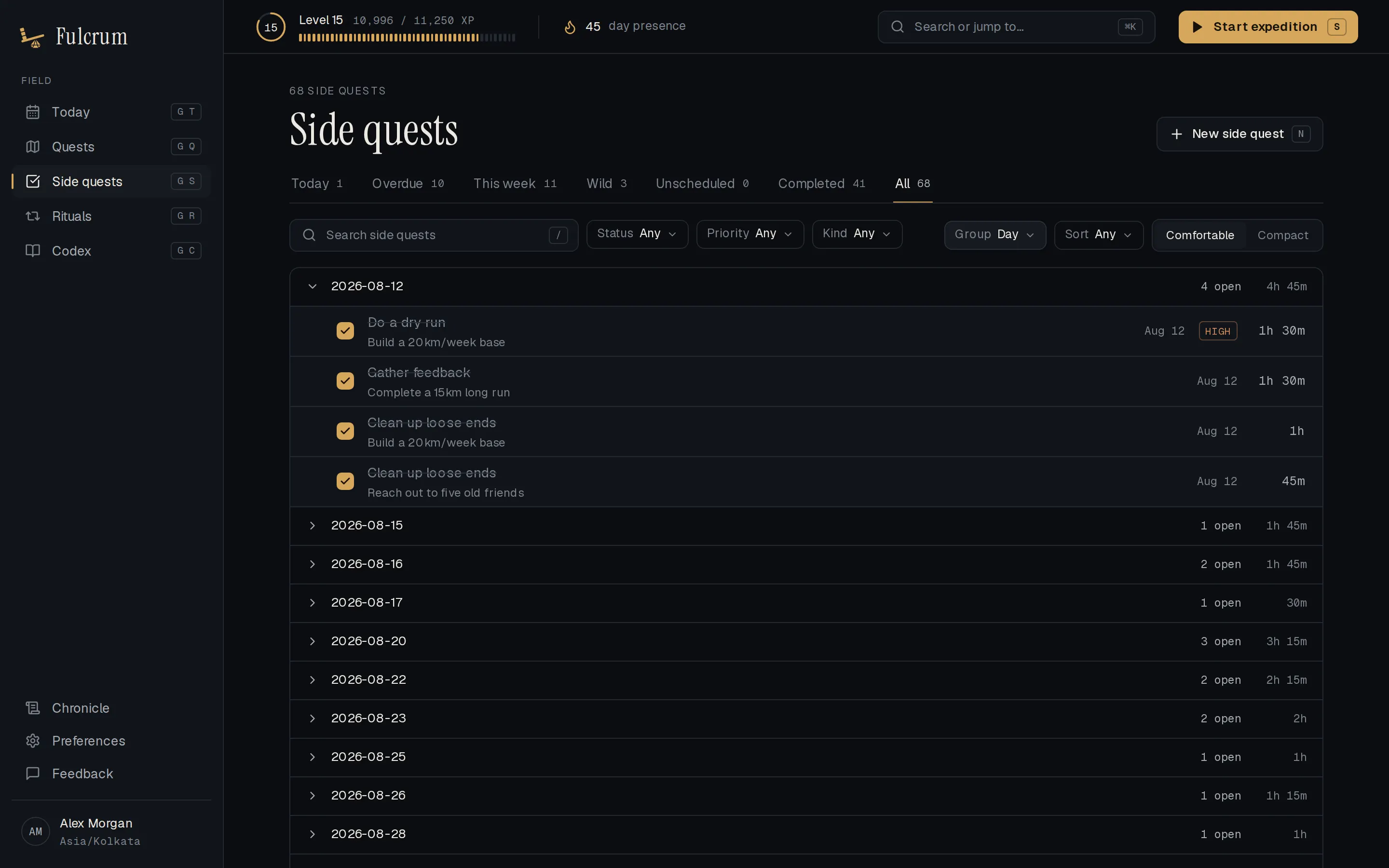 The side quest list grouped by day