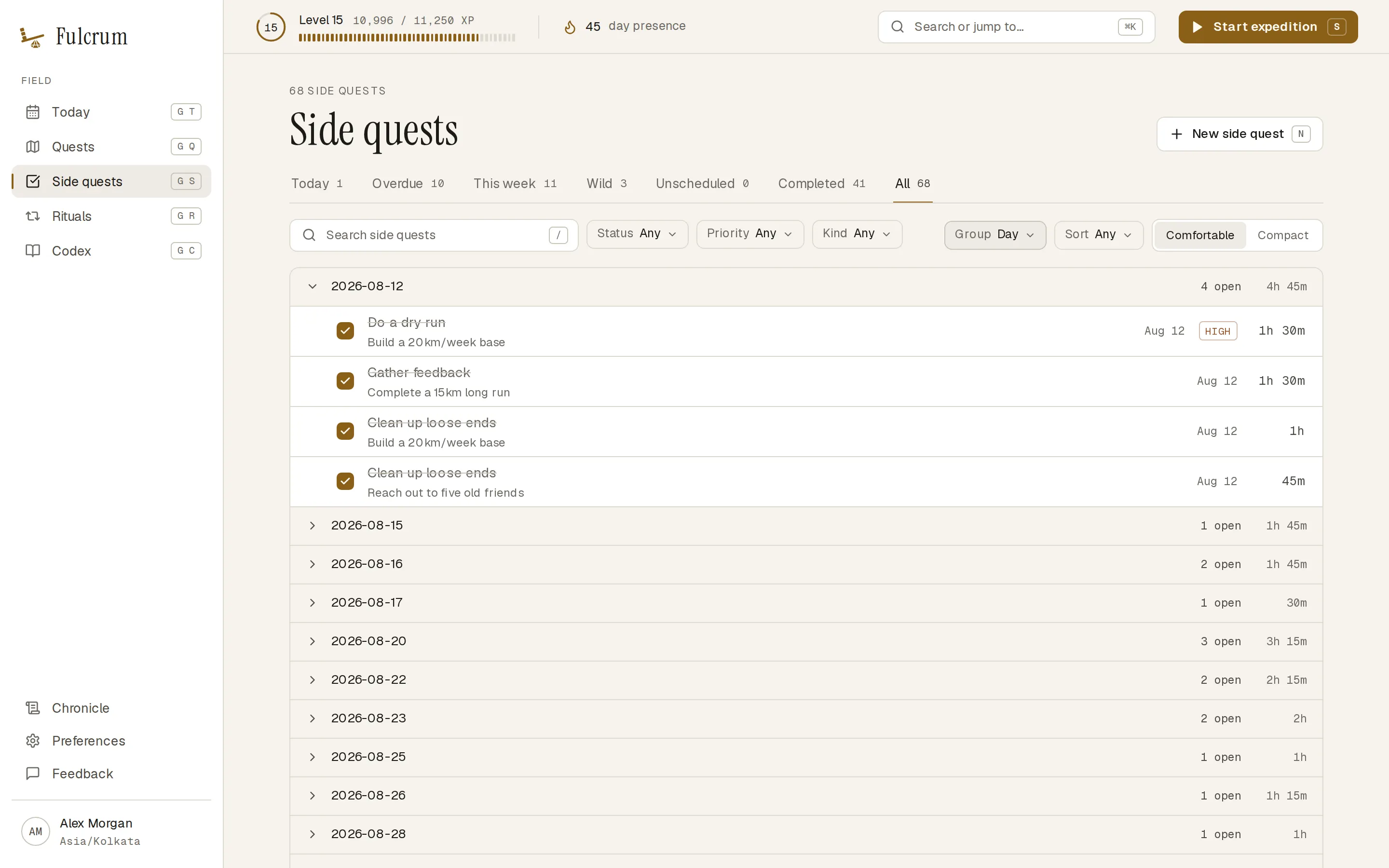 The side quest list grouped by day